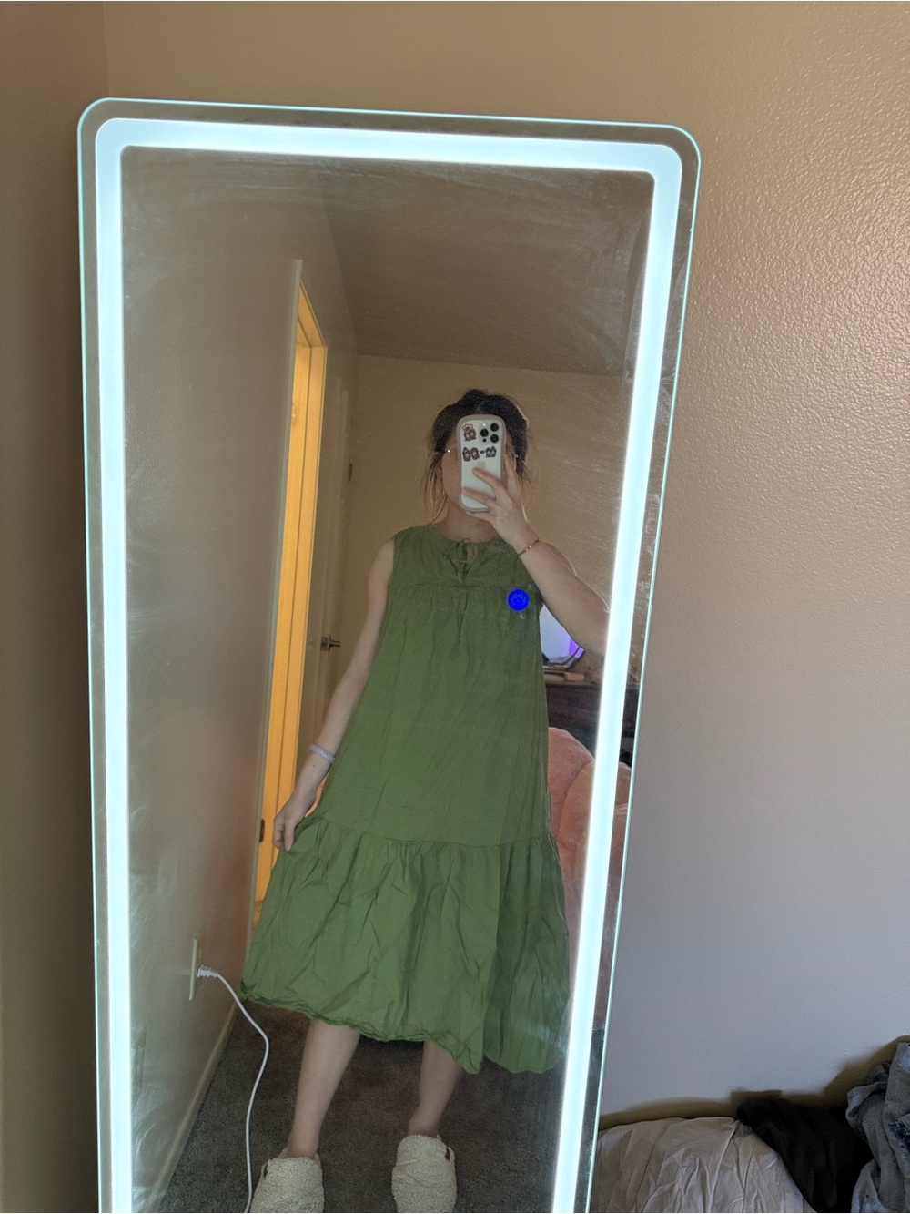 Uniqlo Olive Green Sleeveless Tiered Midi Dress